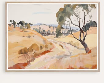 May include: A painting of a landscape with a winding dirt road leading through rolling hills. The hills are painted in shades of brown, yellow, and green, and the sky is a soft blue. A large tree with green leaves stands on the right side of the road.