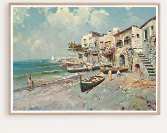 Antique Amalfi Coast Painting, Amalfi Fishing village, Vintage Italy Prints, coastal Wall Art,  Digital Download