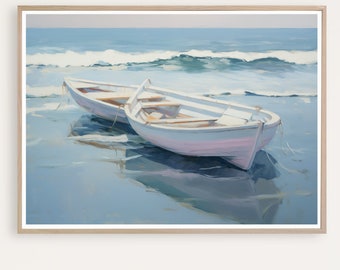 Row Boat Print, Soft Blue Coastal Landscape, Rowing Boat painting, Blue Beach House Decor, Ocean Wall Art,Digital Download