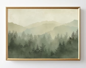 Misty Forest Print, Pine Forest Print, Nordic Art, Green forest Landscape, Instant Download