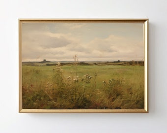 Impression de paysage vintage, peinture champêtre, paysage de prairie herbeuse, art mural neutre impression numérique