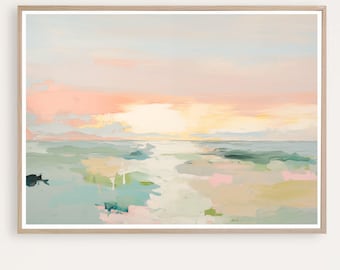 Impression abstraite du lever du soleil sur l'océan, paysage côtier pastel, paysage marin imprimable, téléchargement numérique