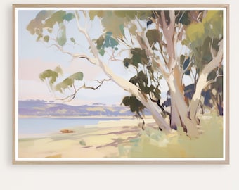 May include: A painting of a landscape with a large tree in the foreground. The tree has a white trunk and green leaves. The background shows a body of water and hills in the distance. The painting is done in a soft, muted palette of blues, greens, and browns.