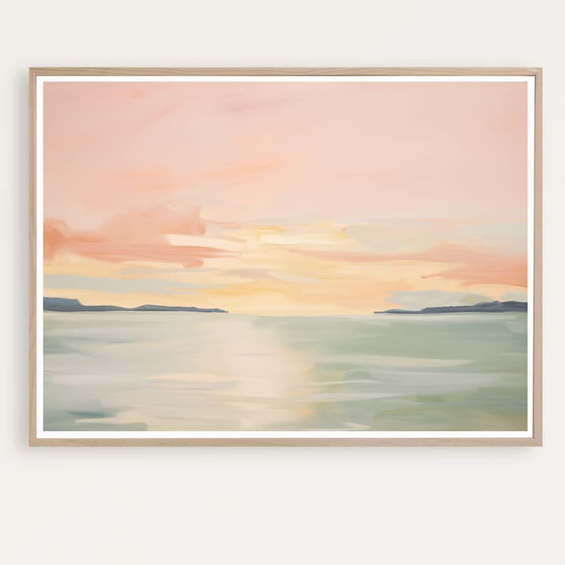 pastel abstract coastal landscape featuring a blush pink sky, warm yellow sunset glow, and soft sage green sea