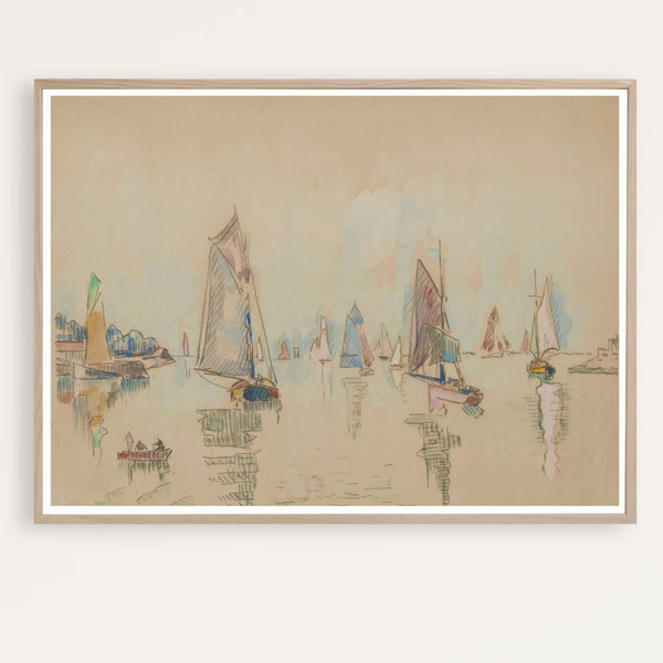 Vintage French Harbour, La Rochelle Print,  Printable Coastal Art, Watercolor Seascape, Sea Art Print, Boats in Harbour, Digital Download