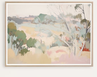 May include: A painting of a landscape with trees and hills in shades of green, blue, pink, and beige. The painting has a soft, dreamy feel.