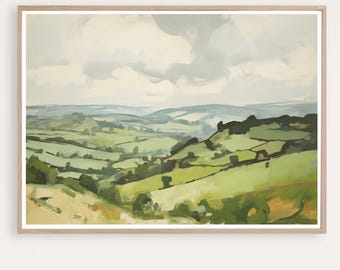 Calm Landscape Painting, Green Countryside Watercolor Print, Rolling Hills, Instant download