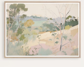 May include: A framed landscape painting with a muted color palette. The painting depicts a view of a valley with trees and hills in the background. The colors are soft and muted, with shades of green, blue, and brown.