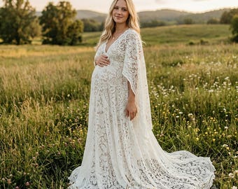 Maternity Photoshoot Dress, White Lace Pregnancy Gown, Long Sleeve Maternity Dress, Puffy Bridal Shower Photo Prop, Baby Shower Gown
