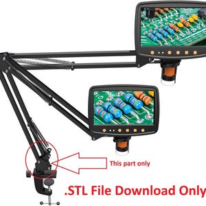 May include: A black articulated arm with two digital screens showing circuit boards. The screens are mounted on a flexible arm with a clamp base. The text ".STL File Download Only" is at the bottom.