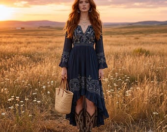 Abito formale occidentale da donna, maniche lunghe, abito retrò con stampa etnica, abito con lacci, abito vintage per occasioni speciali autunno/inverno.