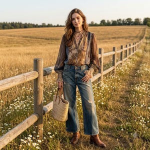 Könnte beinhalten: Eine langärmelige Bluse mit braunem und beigem Paisleymuster, Knopfleiste und transparentem Stoff. Dazu werden eine blaue Jeans mit abgenutztem Kniebereich, braune Lederstiefel und eine geflochtene Strohtasche kombiniert.