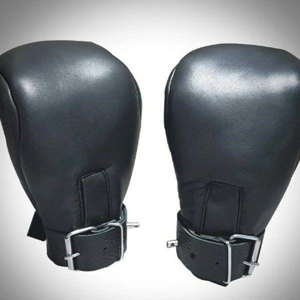 Unisex Black Leather Fist Mitts Gloves Sexy Padded Lined Bondage - Mitts2