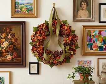 Hösthortensiakrans, grönt banddörrhängare, höstdekoration till ytterdörren, rustik skördekrans, Thanksgiving-heminredning