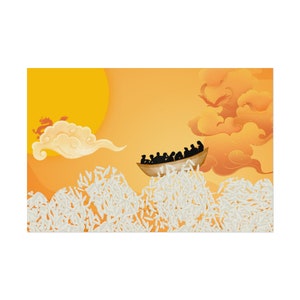 May include: An illustration of a boat filled with people sailing on a sea of white rice. The boat is surrounded by clouds and a bright yellow sun. A red dragon is flying in the sky above the boat.