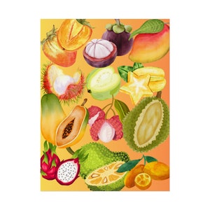 Può includere: Un'illustrazione ad acquerello di una varietà di frutti tropicali, tra cui papaya, frutto del drago, mangostano, carambola e guava. I frutti sono disposti in un motivo colorato e vibrante su uno sfondo arancione chiaro.