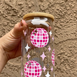 Pink Disco glass cup // Iced Coffee Cup // Beer Can glass // Christmas Gifts for Her // Pink  // Disco //Galentine’s gift //