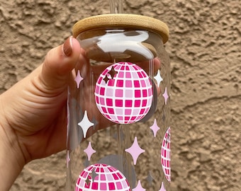 Pink Disco glass cup // Iced Coffee Cup // Beer Can glass // Christmas Gifts for Her // Pink  // Disco //Galentine’s gift //