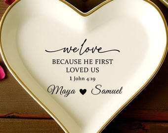 Engagement Heart Ring Dish, Ring Holder Dish, Christian Ring Dish, Just Engaged Gift, Custom Couple Name Jewelry Dish, Wedding Gift Jesus