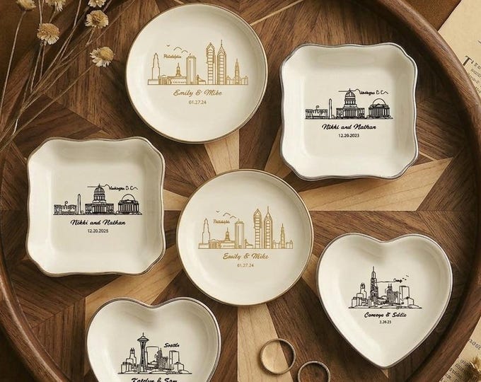 Landscape Ring Dish, City Ring Dish, Custom City Skyline Gift, City Attractions Trinket Dish, Couple Gift, Personalized City Jewelry Tray