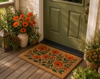 Poppy Doormat, Floral Flower Mat, Orange Poppy Front Door Decor, Cottage Garden Welcome Mat, Botanical Mat, Flower Lover Gift