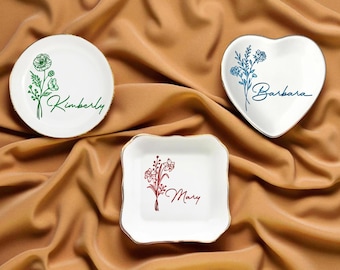 Personalized Flower Name Ring Dish, Custom Floral Jewelry Holder, Bridesmaid Gift, Wedding Ring Tray, Personalized Keepsake for Her Decors