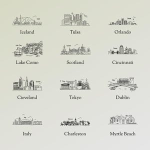 May include: A collection of black and white line drawings of city skylines, including Iceland, Tulsa, Orlando, Lake Como, Scotland, Cincinnati, Cleveland, Tokyo, Dublin, Italy, Charleston, and Myrtle Beach.