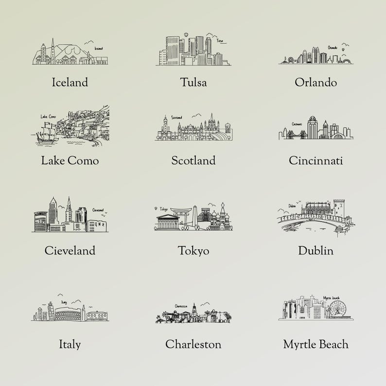 May include: A collection of black and white line drawings of city skylines, including Iceland, Tulsa, Orlando, Lake Como, Scotland, Cincinnati, Cleveland, Tokyo, Dublin, Italy, Charleston, and Myrtle Beach.