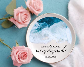 Custom Initial Name Wedding Ring Dish, Trinket Dish Ring Holder, Minimalist Beach Wedding Gift, Sea Wave Jewelry Dish For Bride, Wedding