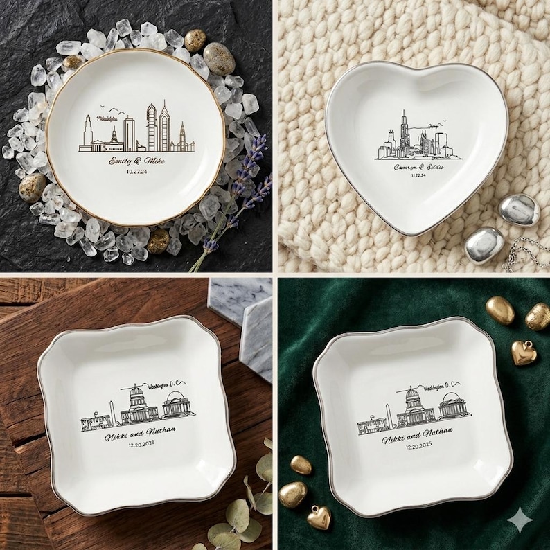 May include: Four white ceramic dishes with silver rims. Each dish features a city skyline design and personalized text. The shapes include a circle, heart, and two square-shaped dishes. The text includes names and dates.