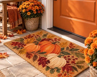 May include: A rectangular coir doormat featuring a printed design of two large orange pumpkins and one smaller white pumpkin, surrounded by autumn leaves in shades of red, yellow, and brown, along with clusters of small red berries on green stems.
