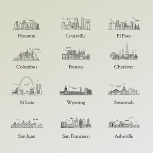 May include: A collection of black and white line art illustrations of city skylines, including Houston, Louisville, El Paso, Columbus, Boston, Charlotte, St. Louis, Wyoming, Savannah, San Juan, San Francisco, and Asheville. Each skyline is labeled.