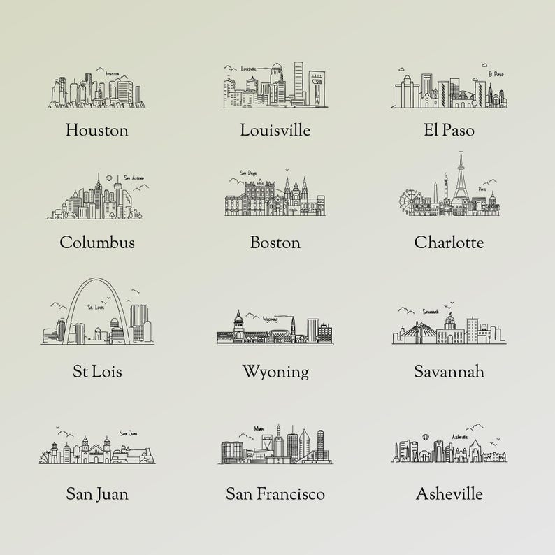 May include: A collection of black and white line art illustrations of city skylines, including Houston, Louisville, El Paso, Columbus, Boston, Charlotte, St. Louis, Wyoming, Savannah, San Juan, San Francisco, and Asheville. Each skyline is labeled.