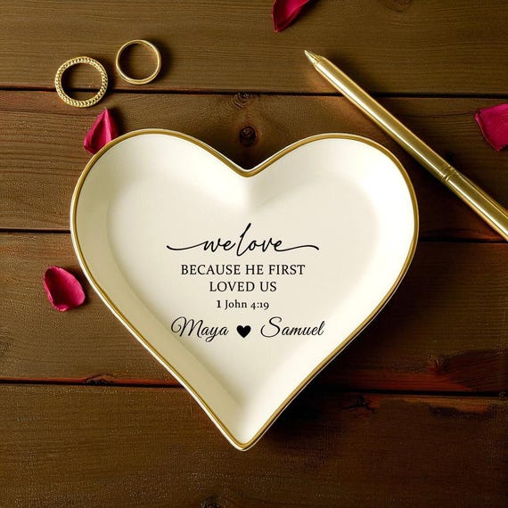 Engagement Heart Ring Dish, Ring Holder Dish, Christian Ring Dish, Just Engaged Gift, Custom Couple Name Jewelry Dish, Wedding Gift Jesus