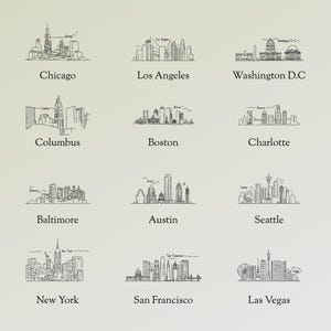 May include: A collection of hand-drawn city skyline illustrations, including Chicago, Los Angeles, Washington D.C., Columbus, Boston, Charlotte, Baltimore, Austin, Seattle, New York, San Francisco, and Las Vegas. Each sketch is labeled.
