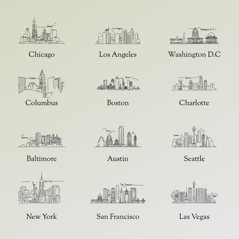 May include: A collection of hand-drawn city skyline illustrations, including Chicago, Los Angeles, Washington D.C., Columbus, Boston, Charlotte, Baltimore, Austin, Seattle, New York, San Francisco, and Las Vegas. Each sketch is labeled.