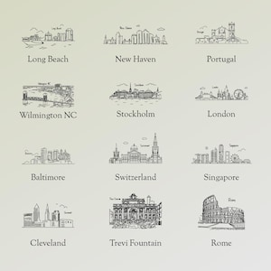 May include: A collection of black and white line drawings of city skylines, including Long Beach, New Haven, Portugal, Wilmington NC, Stockholm, London, Baltimore, Switzerland, Singapore, Cleveland, Trevi Fountain, and Rome.