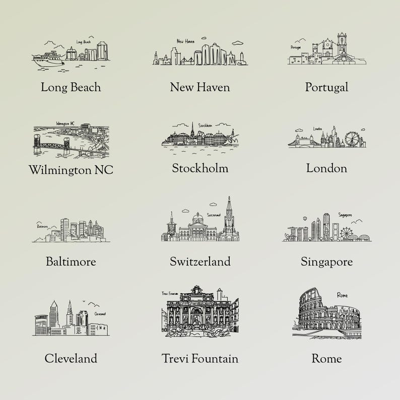 May include: A collection of black and white line drawings of city skylines, including Long Beach, New Haven, Portugal, Wilmington NC, Stockholm, London, Baltimore, Switzerland, Singapore, Cleveland, Trevi Fountain, and Rome.