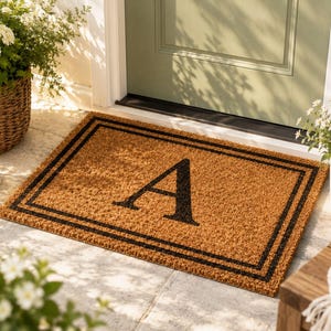 May include: A rectangular tan coir doormat featuring a black border consisting of two thin parallel lines and a large, centered black serif letter A. The mat has a coarse, fibrous texture and is positioned on a light-colored stone porch.
