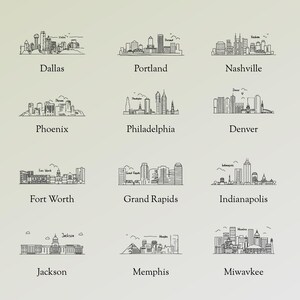 May include: A collection of black and white line drawings of city skylines, each labeled with a city name. Cities include Dallas, Portland, Nashville, Phoenix, Philadelphia, Denver, Fort Worth, Grand Rapids, Indianapolis, Jackson, Memphis, and Miwavkee.