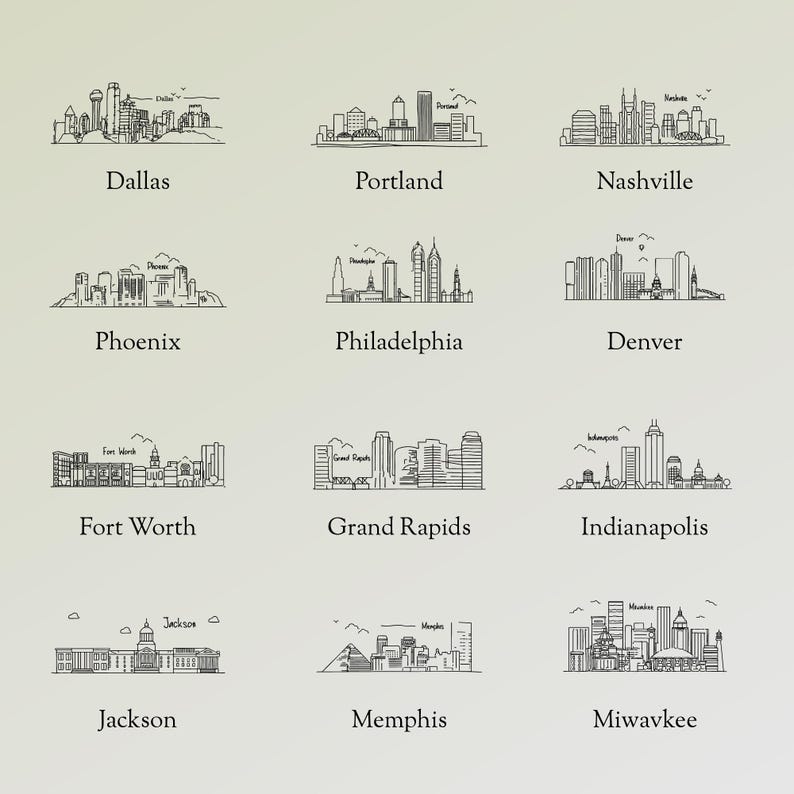 May include: A collection of black and white line drawings of city skylines, each labeled with a city name. Cities include Dallas, Portland, Nashville, Phoenix, Philadelphia, Denver, Fort Worth, Grand Rapids, Indianapolis, Jackson, Memphis, and Miwavkee.