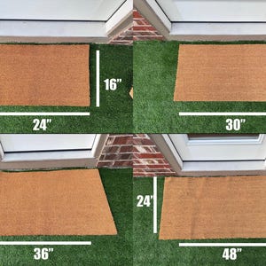 May include: Four rectangular coir doormats in various sizes are displayed on green turf. The mats are 16" x 24", 18" x 30", 24" x 36", and 24" x 48". Each mat is positioned in front of a white door.