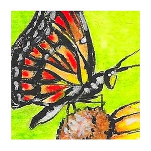 Mini imán artístico n.° 41: Mariposa y girasol. Impresión en acuarela y tinta de 3,8 x 3,8 cm. Ideal como regalo, imán para el refrigerador o etiqueta de regalo.