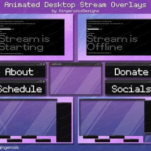 Puede incluir: Superposiciones de transmisión de escritorio animadas para Twitch o YouTube. Las superposiciones presentan un patrón de cuadrícula púrpura y blanco con texto negro. El texto incluye "Stream is Starting", "Stream is Offline", "About", "Schedule", "Donate" y "Socials".