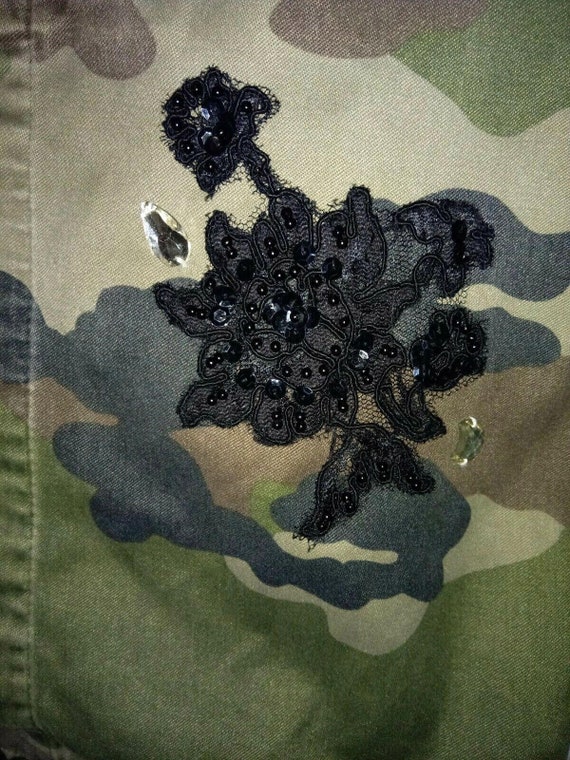 Stylish Bling Military Black Embroidered Flowers … - image 3