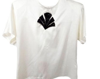VTG 1960s Jo Hardin USA Made Black Sequin Appliquè Short Sleeve White Top Sz-M/L