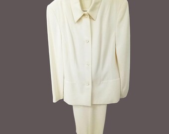 VTG 1960's Karen Scott White Long Sleeve Padded Shoulders Lined Pants Suit -14/L