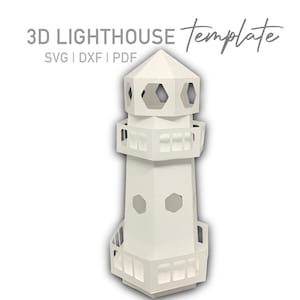 Peut inclure: Un modèle de phare en papier 3D blanc, prêt à être assemblé. Le modèle comprend les formats de fichiers SVG, DXF et PDF.