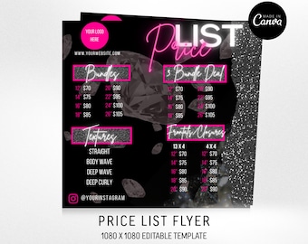 May include: A black price list flyer template featuring pink neon text, diamond graphics, and glitter accents. The layout includes sections for Bundles, 3 Bundle Deal, Textures, and Frontals Closures with placeholders for logo, website, and Instagram handle.