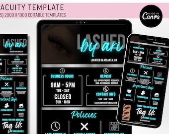 Può includere: Un set di modelli digitali Acuity con cinque design modificabili da 2000 x 1000 per un'attività di estensione ciglia. Il layout nero e argento presenta testo in blu neon per orari, politiche di deposito, contatti e istruzioni social.